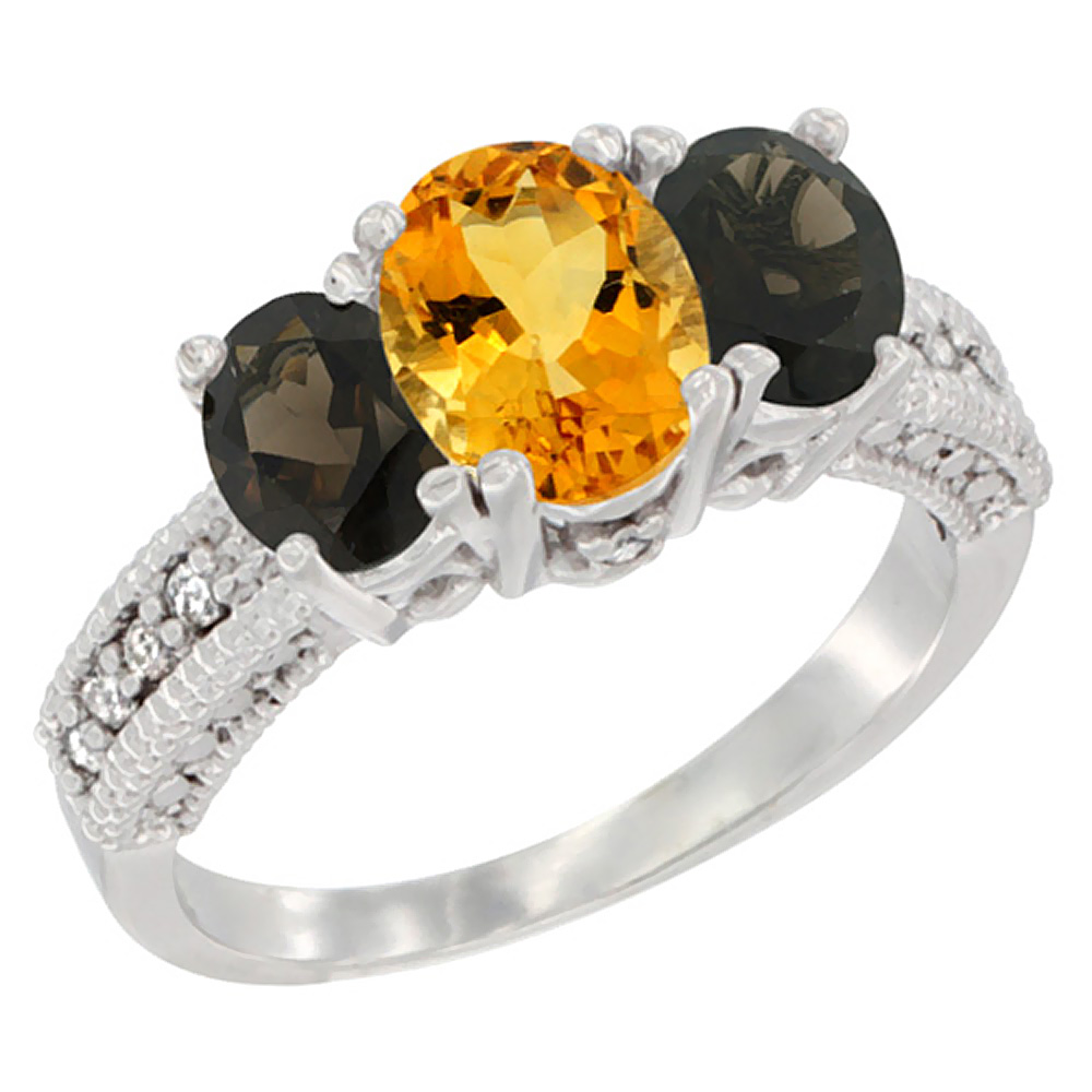 10K White Gold Diamond Natural Citrine Ring Oval 3-stone with Smoky Topaz, sizes 5 - 10