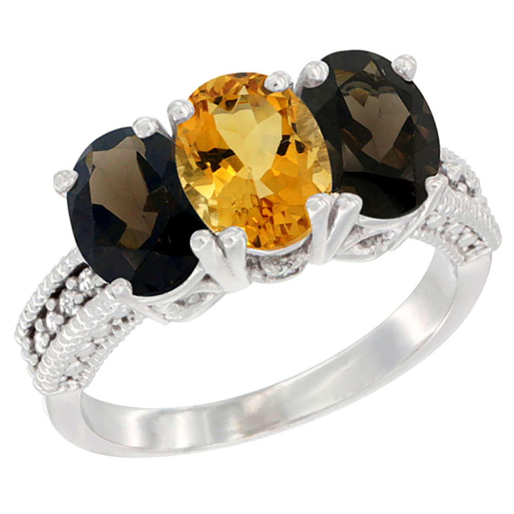 10K White Gold Natural Citrine & Smoky Topaz Sides Ring 3-Stone Oval 7x5 mm Diamond Accent, sizes 5 - 10