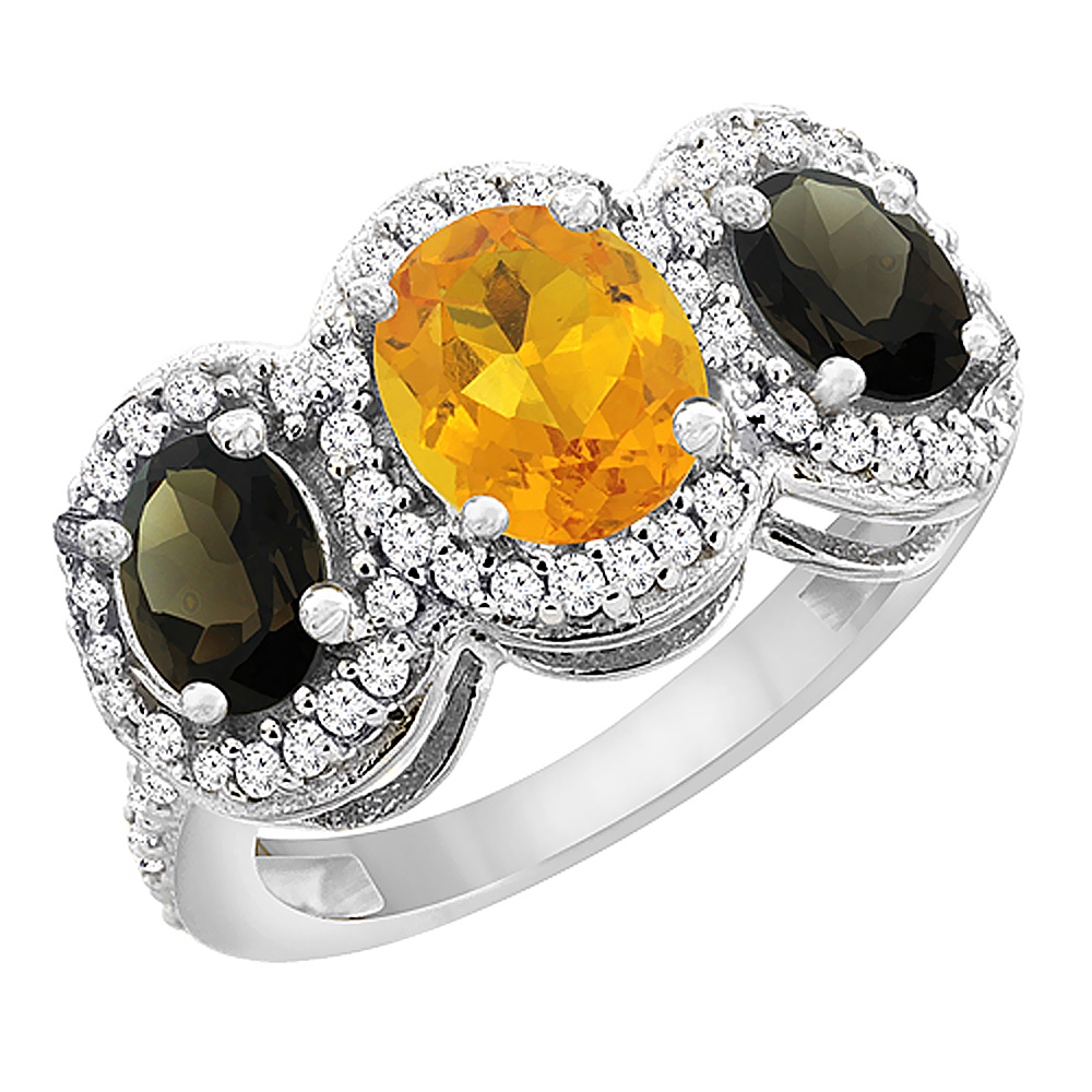 10K White Gold Natural Citrine & Smoky Topaz 3-Stone Ring Oval Diamond Accent, sizes 5 - 10