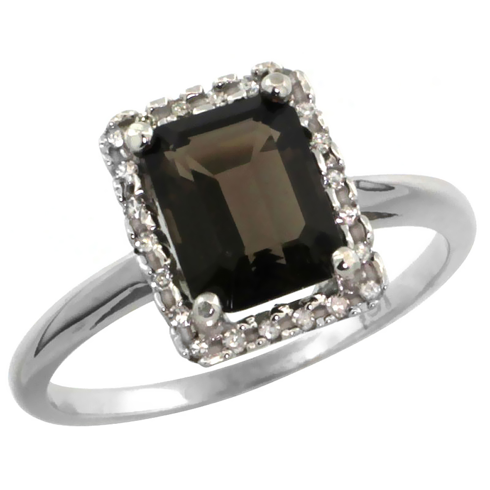 14K White Gold Diamond Natural Smoky Topaz Ring Emerald-cut 8x6mm, sizes 5-10