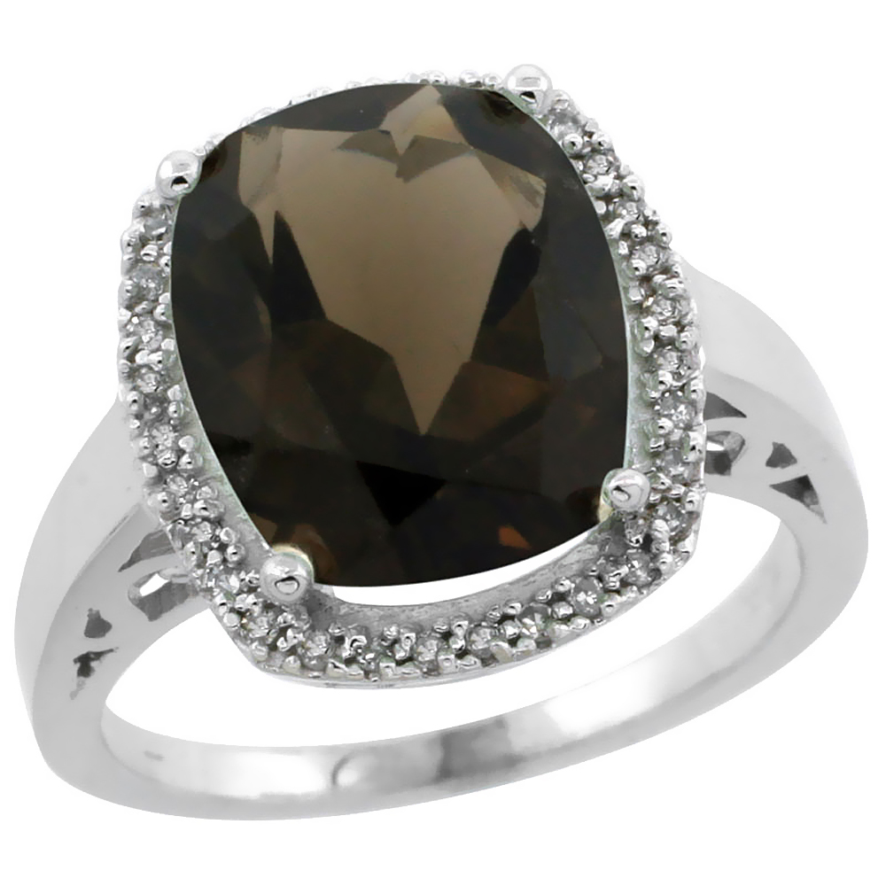 14K White Gold Diamond Natural Smoky Topaz Ring Cushion-cut 12x10mm, sizes 5-10