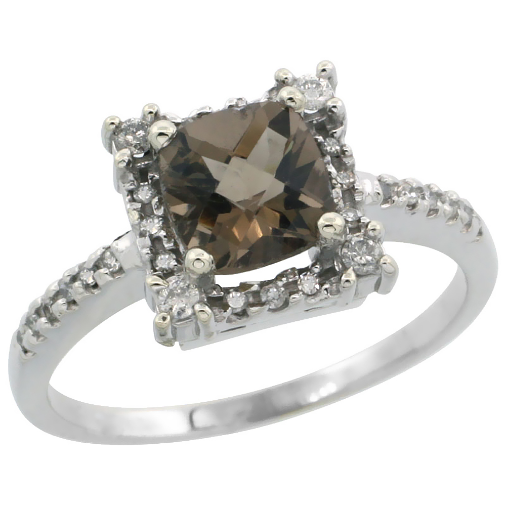 14K White Gold Natural Smoky Topaz Ring Cushion-cut 6x6mm Diamond Halo, sizes 5-10