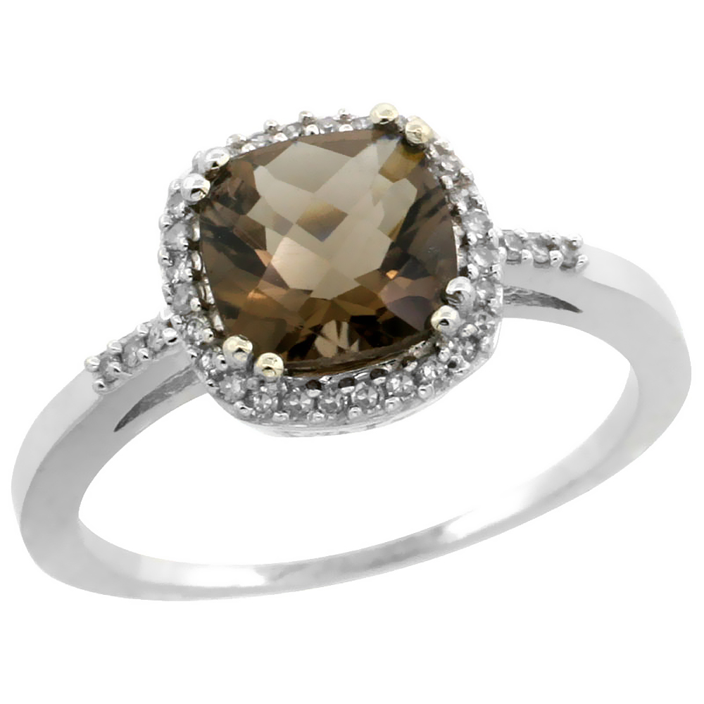 14K White Gold Diamond Natural Smoky Topaz Ring Cushion-cut 7x7mm, sizes 5-10