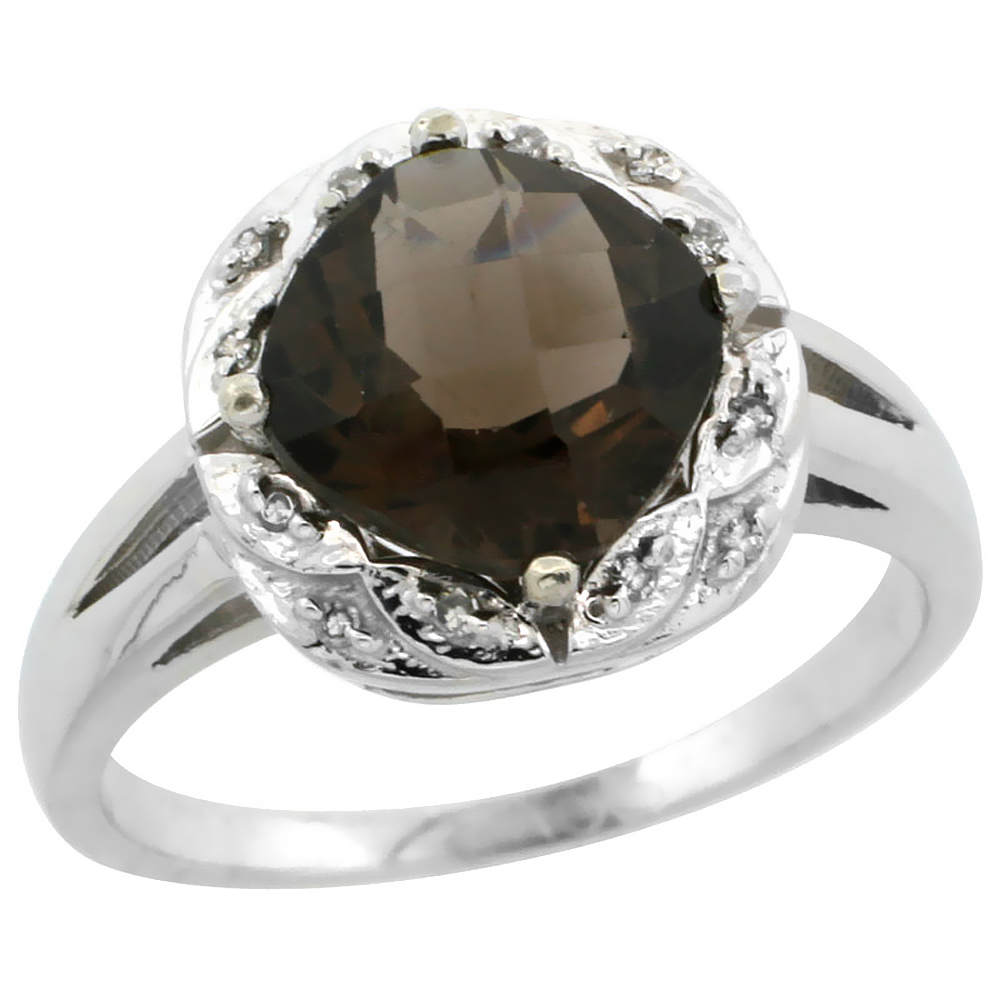 14K White Gold Natural Smoky Topaz Ring Cushion-cut 8x8mm Diamond Halo, sizes 5-10