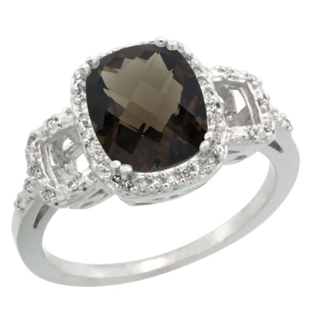 14K White Gold Diamond Natural Smoky Topaz Ring Cushion-cut 9x7mm, sizes 5-10