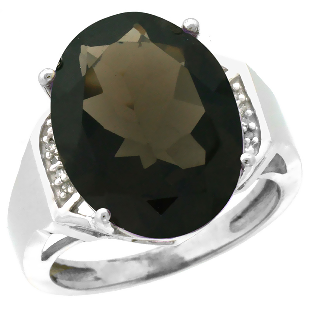 14K White Gold Diamond Natural Smoky Topaz Ring Oval 16x12mm, sizes 5-10