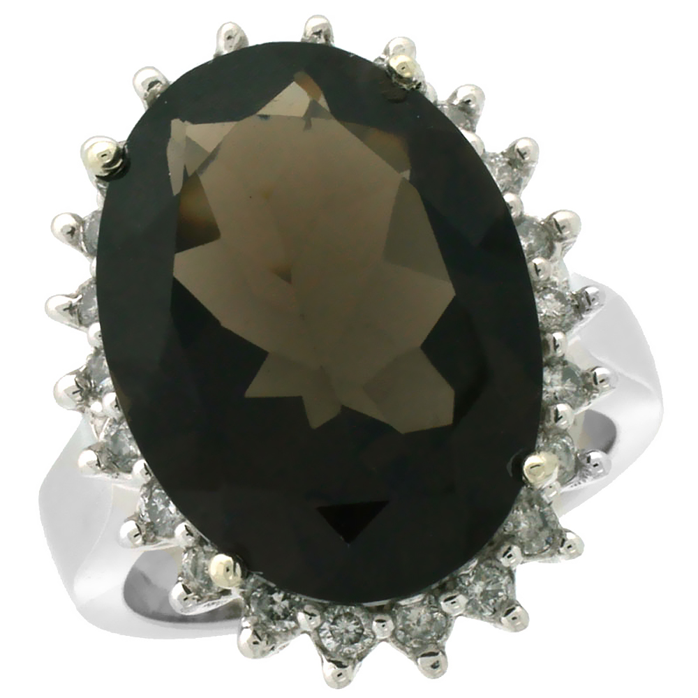 14k White Gold Diamond Halo Natural Smoky Topaz Ring Large Oval 18x13mm, sizes 5-10