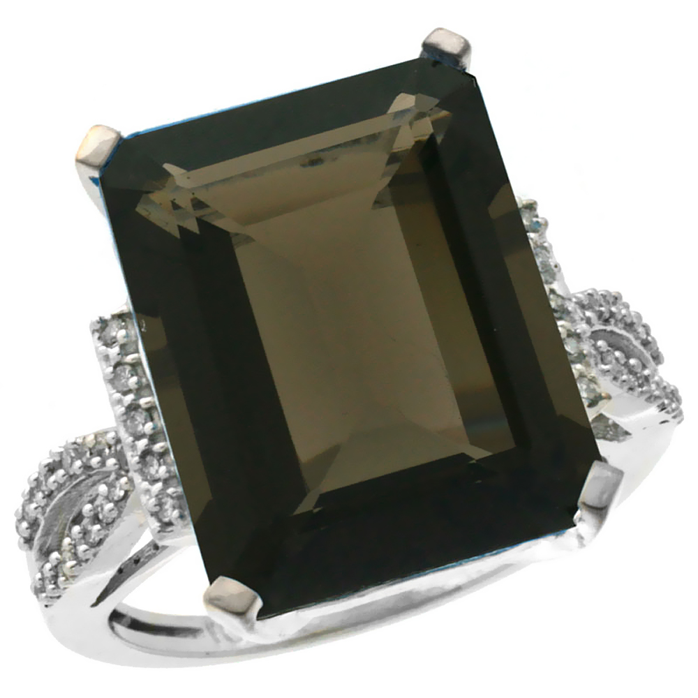 10K White Gold Diamond Natural Smoky Topaz Ring Emerald-cut 16x12mm, sizes 5-10