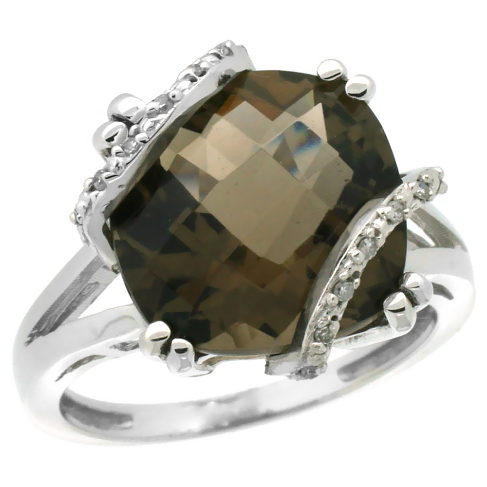 14K White Gold Natural Smoky Topaz Ring Cushion-cut 12x12mm Diamond Accent, sizes 5-10
