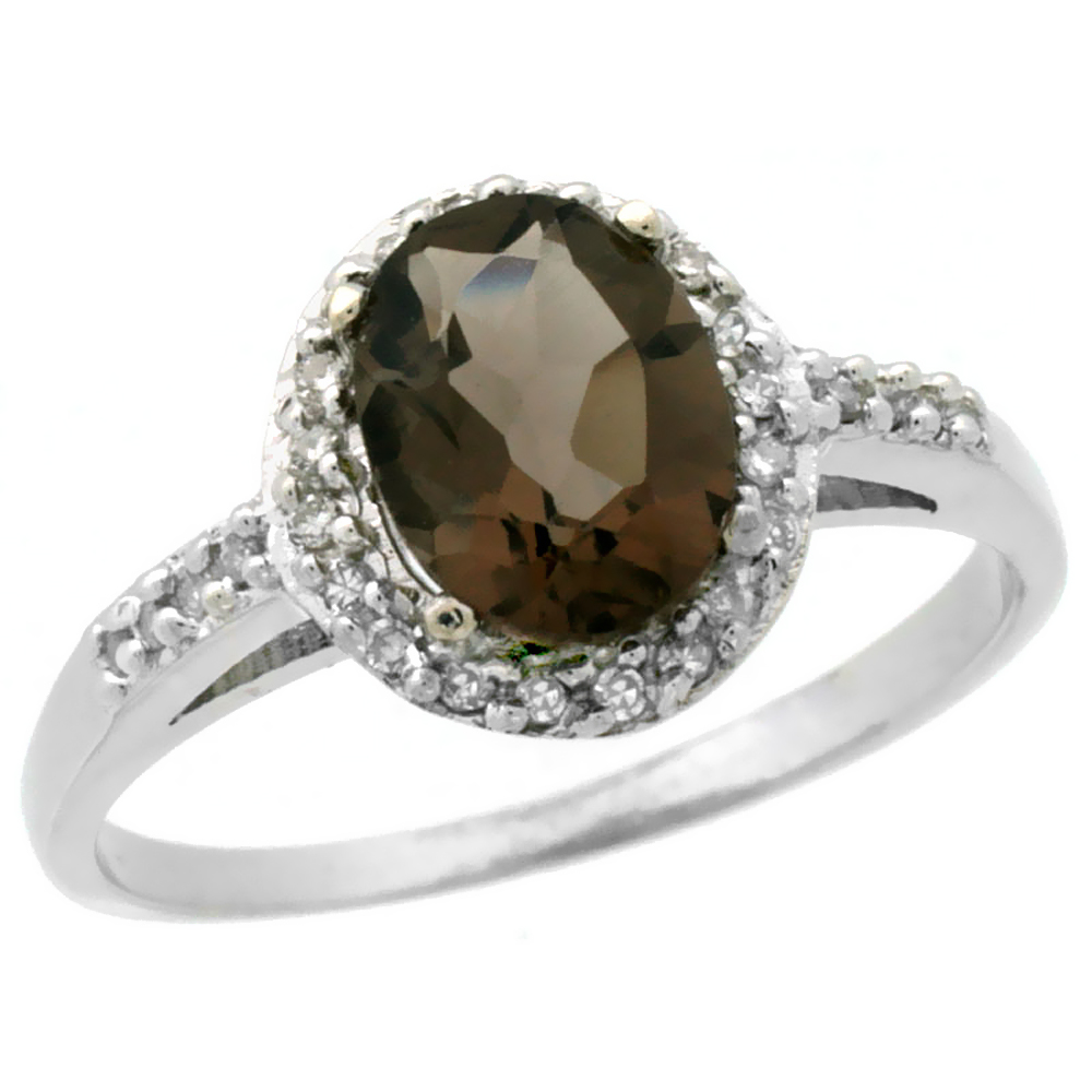 14K White Gold Diamond Natural Smoky Topaz Ring Oval 8x6mm, sizes 5-10