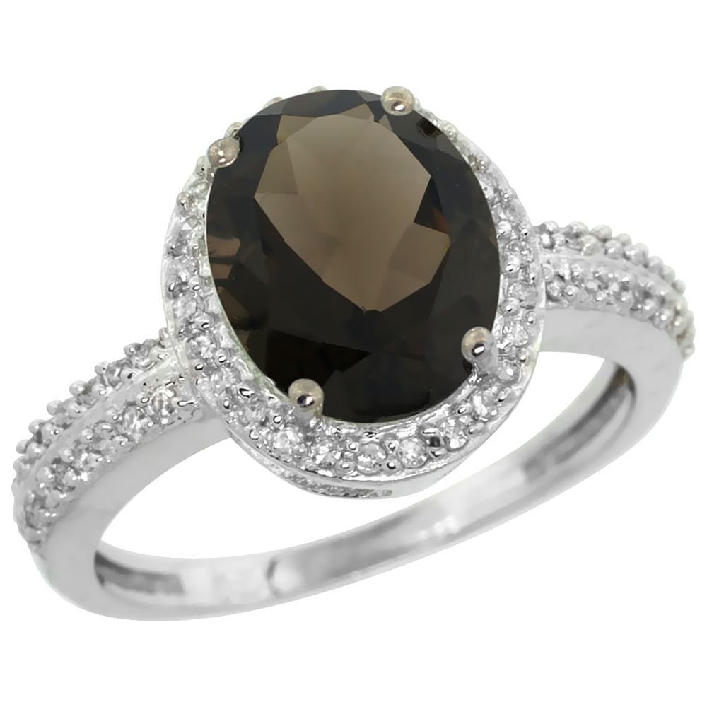 14K White Gold Diamond Natural Smoky Topaz Engagement Ring Oval 10x8mm, sizes 5-10
