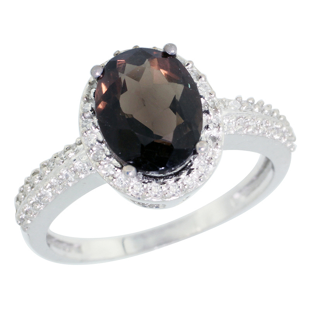 14K White Gold Diamond Natural Smoky Topaz Ring Oval 9x7mm, sizes 5-10