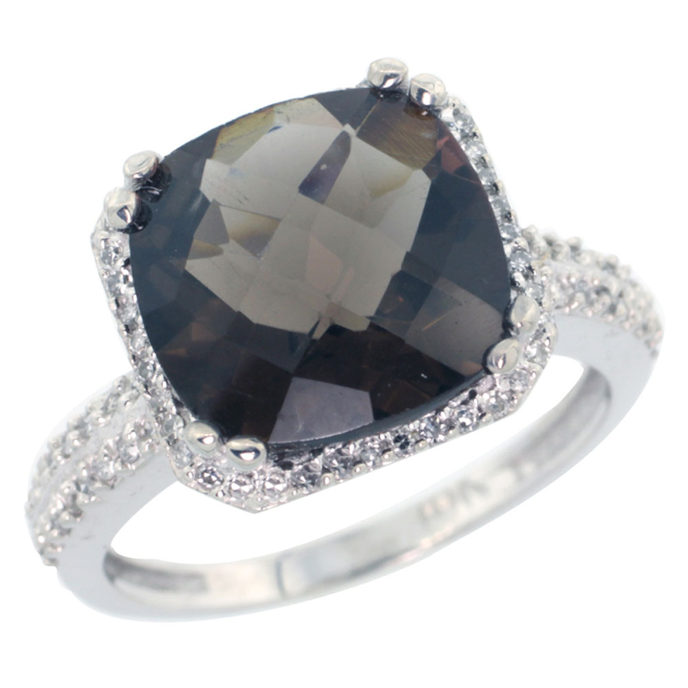 14K White Gold Natural Smoky Topaz Ring Cushion-cut 11x11mm Diamond Halo, sizes 5-10