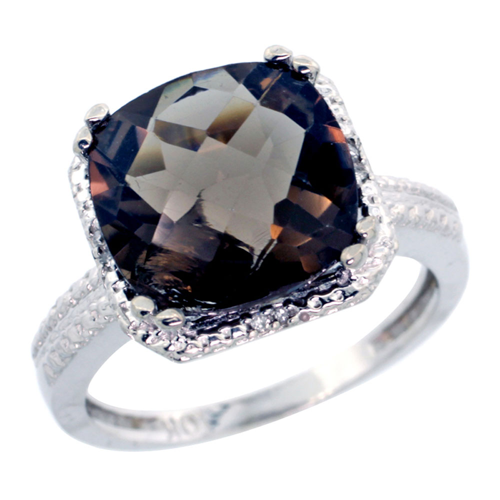 14K White Gold Diamond Natural Smoky Topaz Ring Cushion-cut 11x11mm, sizes 5-10