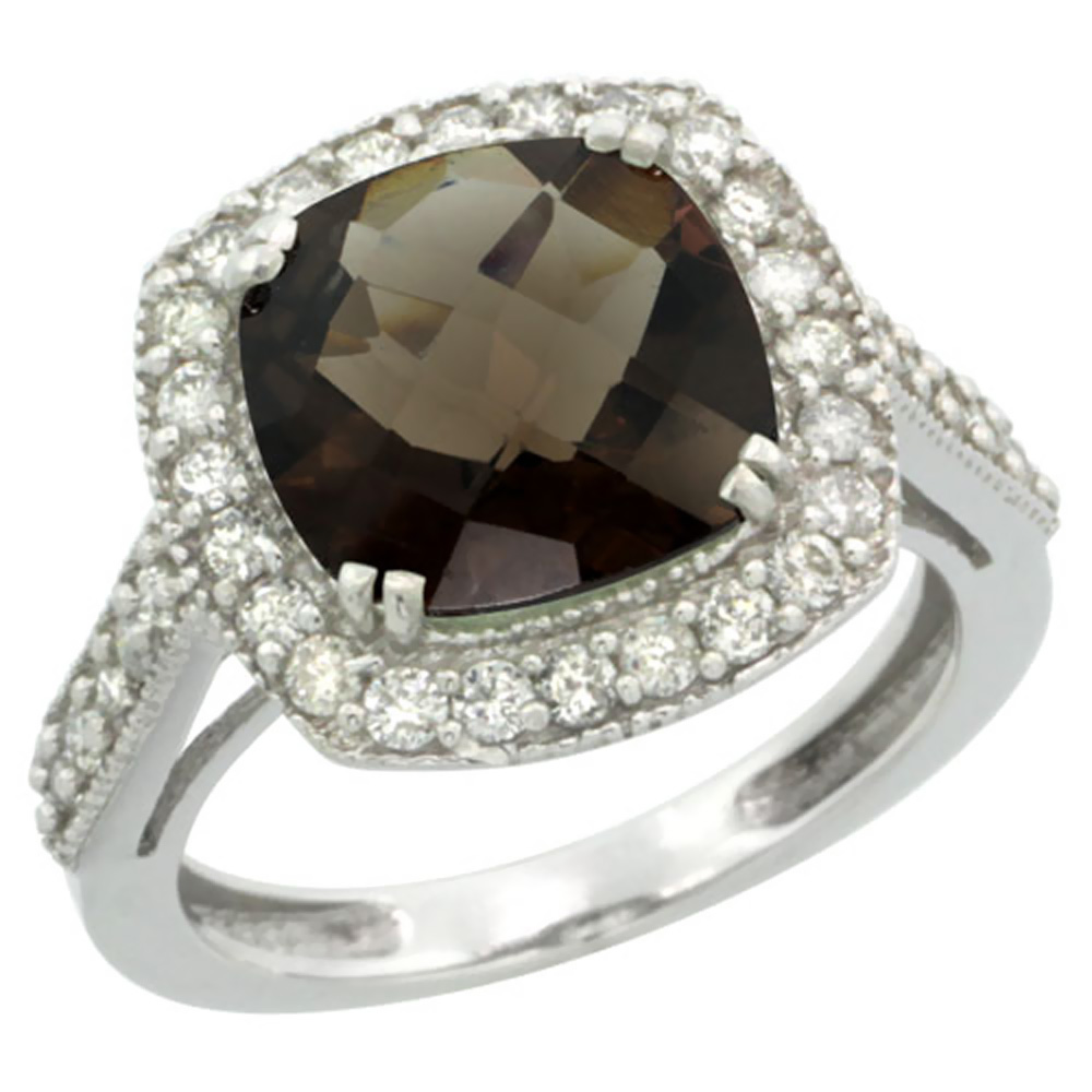 14K White Gold Natural Smoky Topaz Ring Cushion-cut 9x9mm Diamond Halo, sizes 5-10