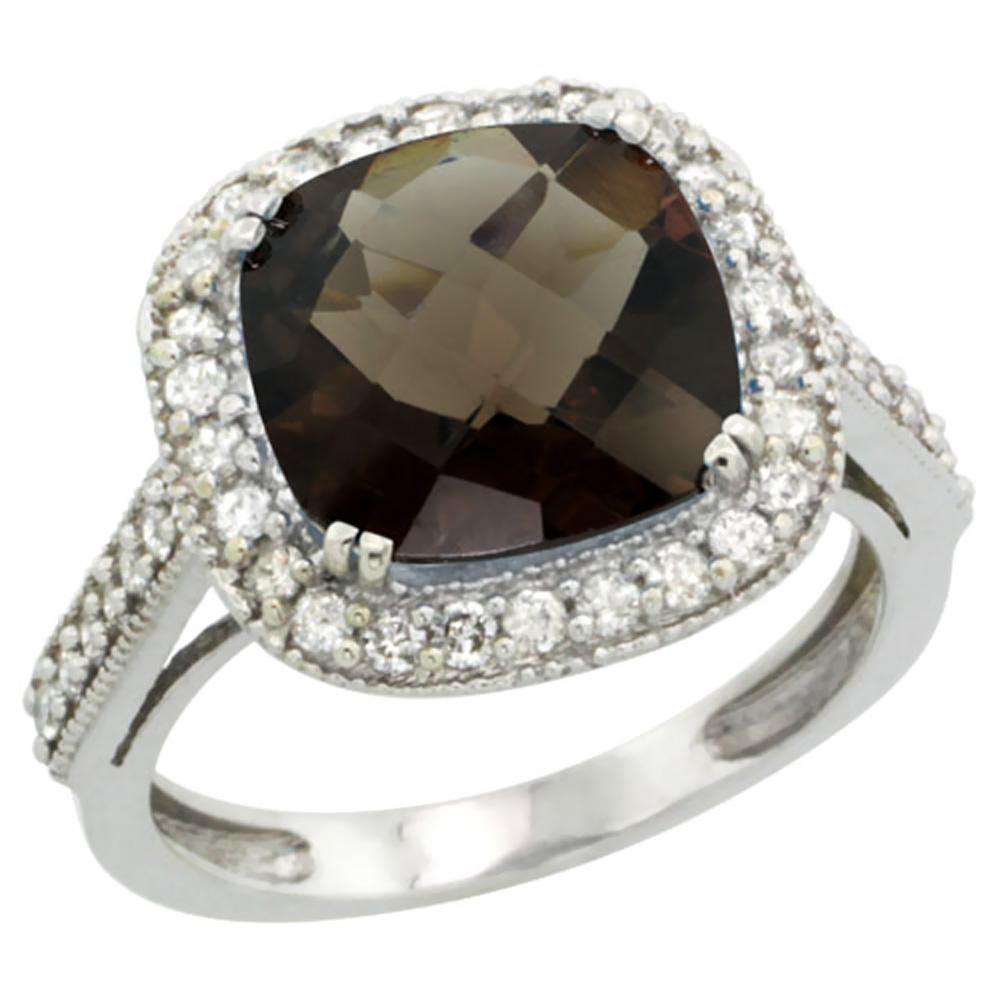 14K White Gold Natural Smoky Topaz Ring Cushion-cut 10x10mm Diamond Halo, sizes 5-10