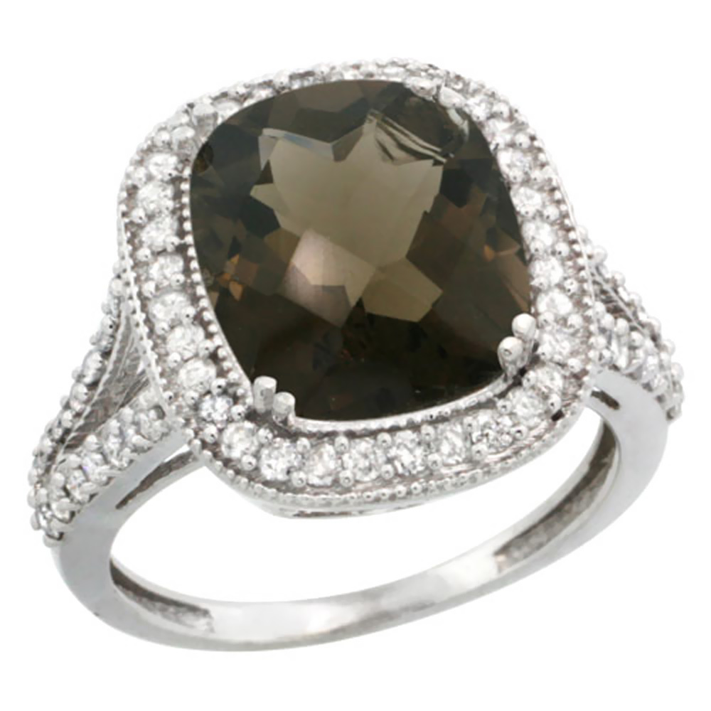 14K White Gold Natural Smoky Topaz Ring Cushion-cut 12x10mm Diamond Halo, sizes 5-10