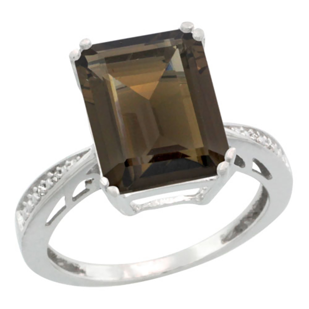 14K White Gold Diamond Natural Smoky Topaz Ring Emerald-cut 12x10mm, sizes 5-10