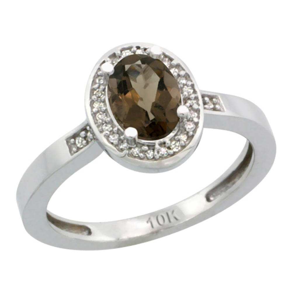 14K White Gold Diamond Natural Smoky Topaz Engagement Ring Oval 7x5mm, sizes 5-10