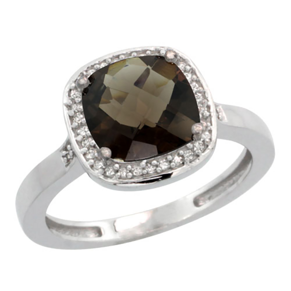 14K White Gold Diamond Natural Smoky Topaz Ring Cushion-cut 8x8mm, sizes 5-10