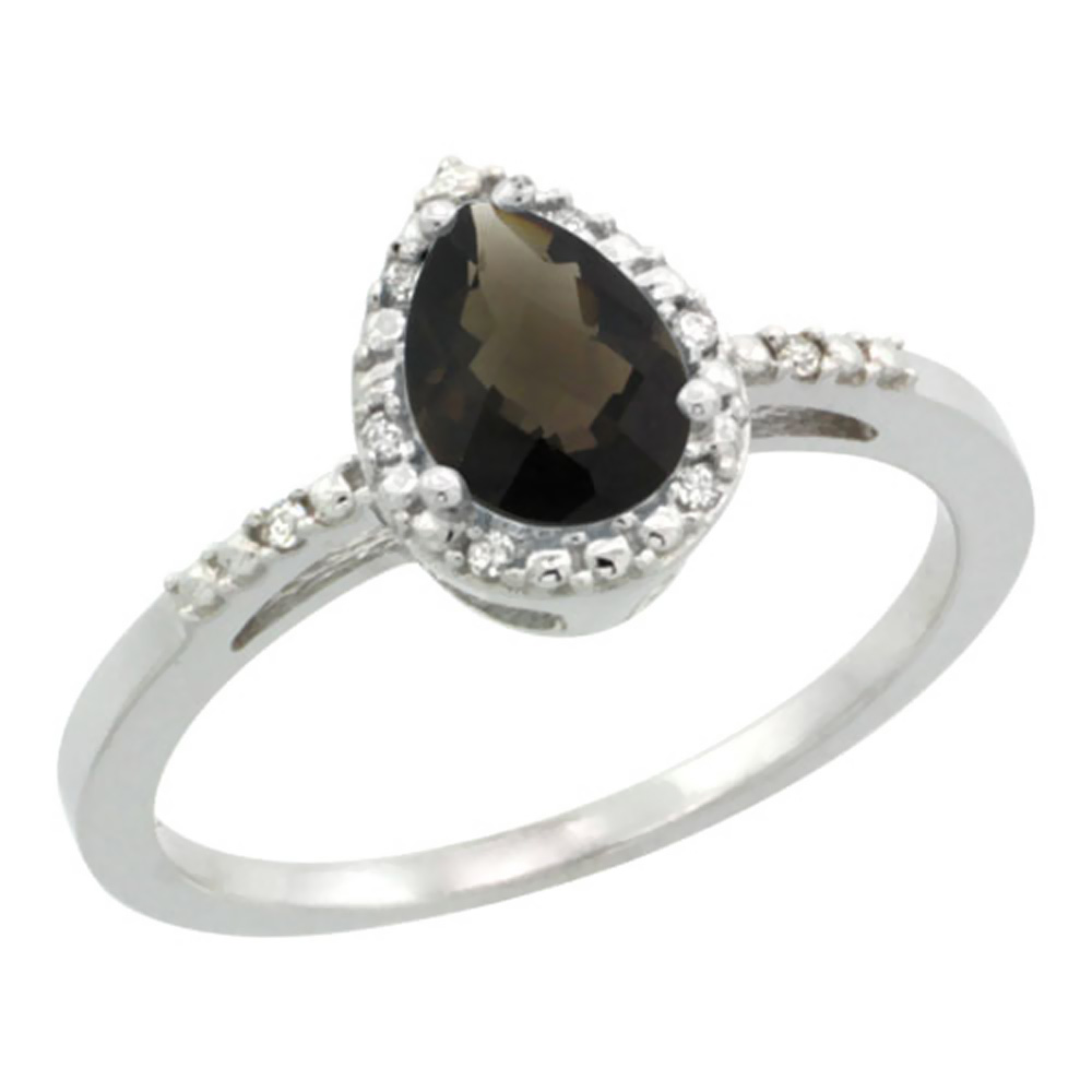 14K White Gold Diamond Natural Smoky Topaz Ring Pear 7x5mm, sizes 5-10
