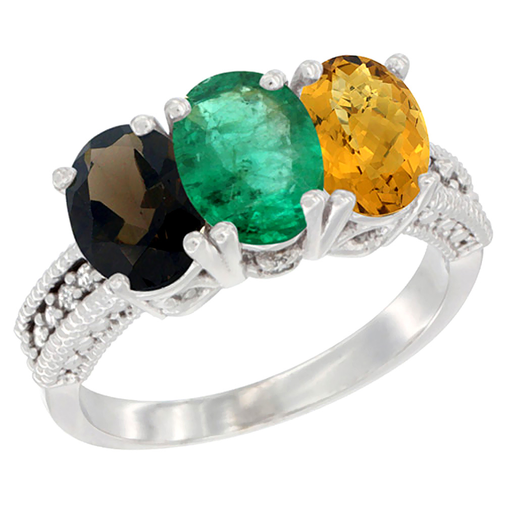 14K White Gold Natural Smoky Topaz, Emerald & Whisky Quartz Ring 3-Stone 7x5 mm Oval Diamond Accent, sizes 5 - 10