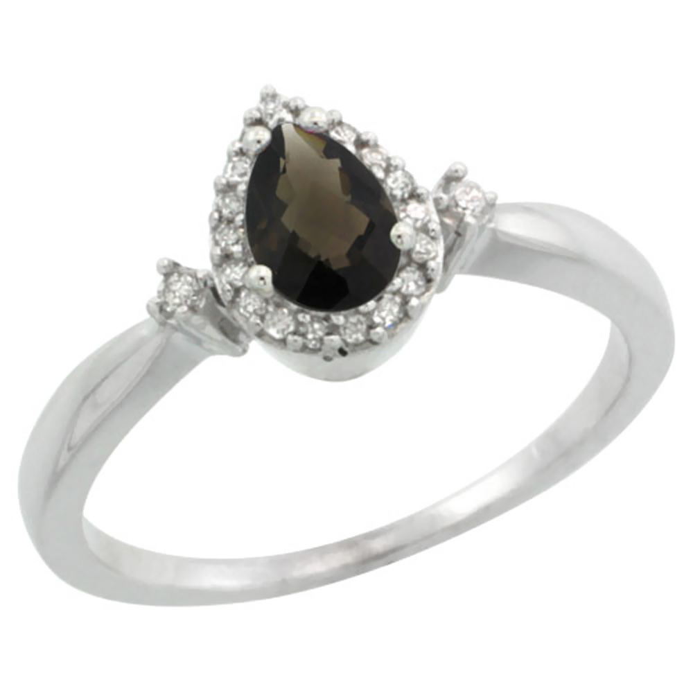 14K White Gold Diamond Natural Smoky Topaz Ring Pear 6x4mm, sizes 5-10