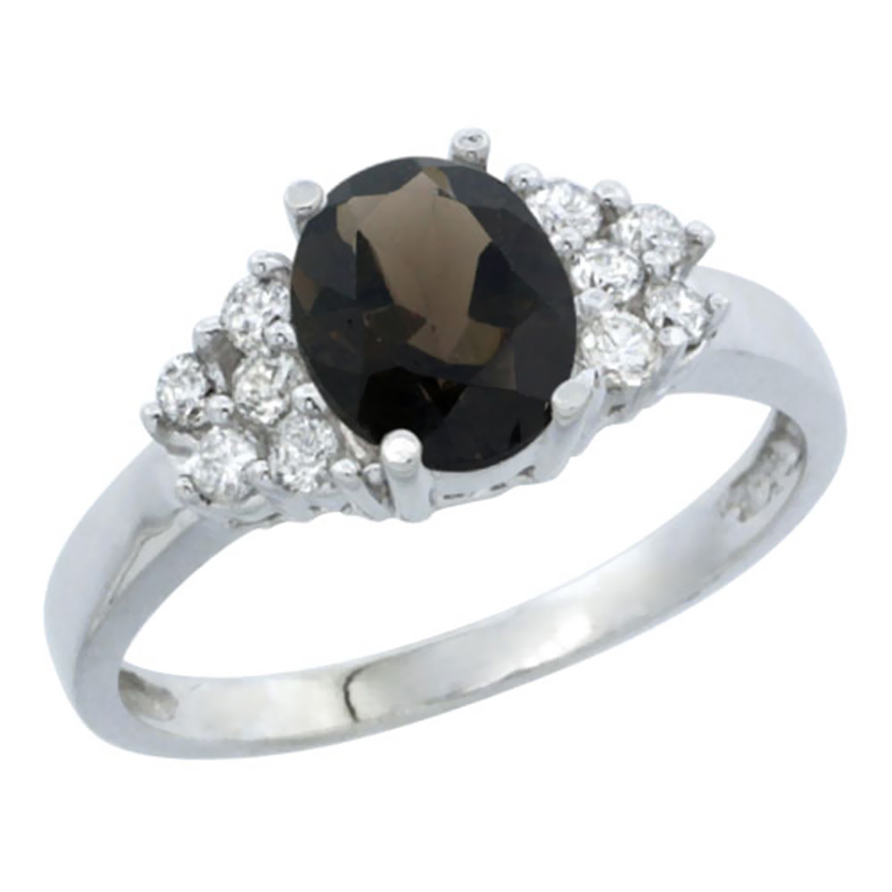 14K White Gold Natural Smoky Topaz Ring Oval 8x6mm Diamond Accent, sizes 5-10