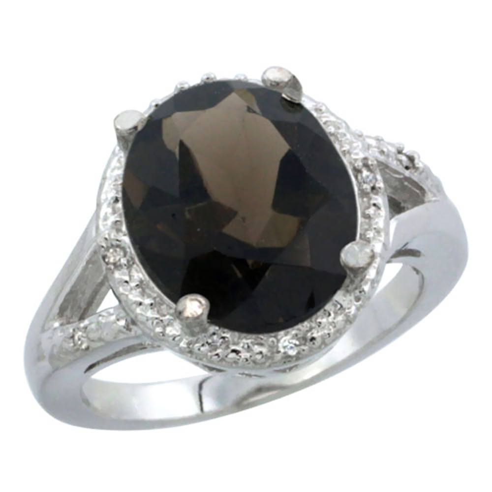 14K White Gold Natural Smoky Topaz Ring Oval 12x10mm Diamond Accent, sizes 5-10