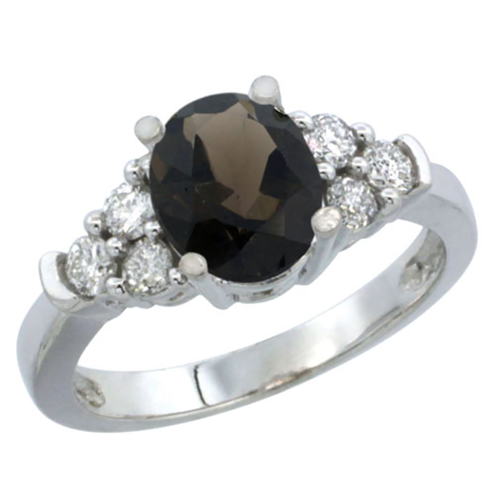 14K White Gold Natural Smoky Topaz Ring Oval 9x7mm Diamond Accent, sizes 5-10