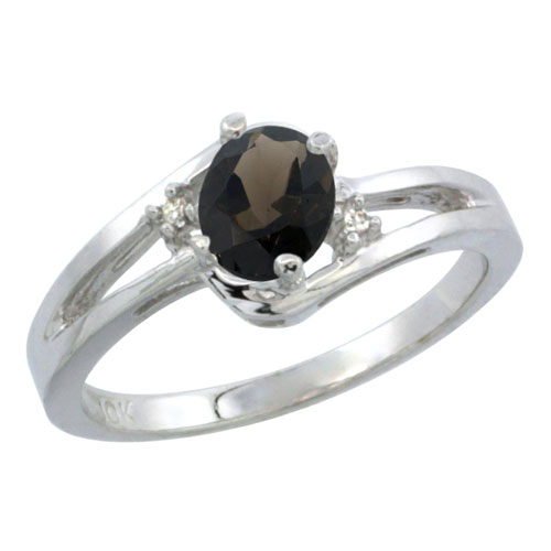 14K White Gold Diamond Natural Smoky Topaz Ring Oval 6x4 mm, sizes 5-10