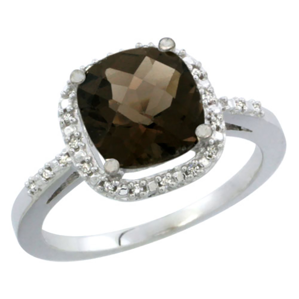 14K White Gold Natural Smoky Topaz Ring Cushion-cut 8x8mm Diamond Accent, sizes 5-10