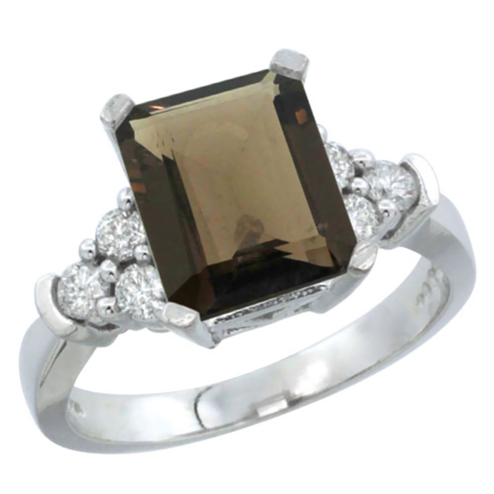 14K White Gold Natural Smoky Topaz Ring Octagon 9x7mm Diamond Accent, sizes 5-10