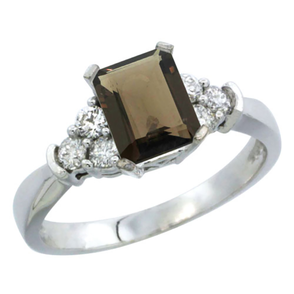 14K White Gold Natural Smoky Topaz Ring Octagon 7x5mm Diamond Accent, sizes 5-10