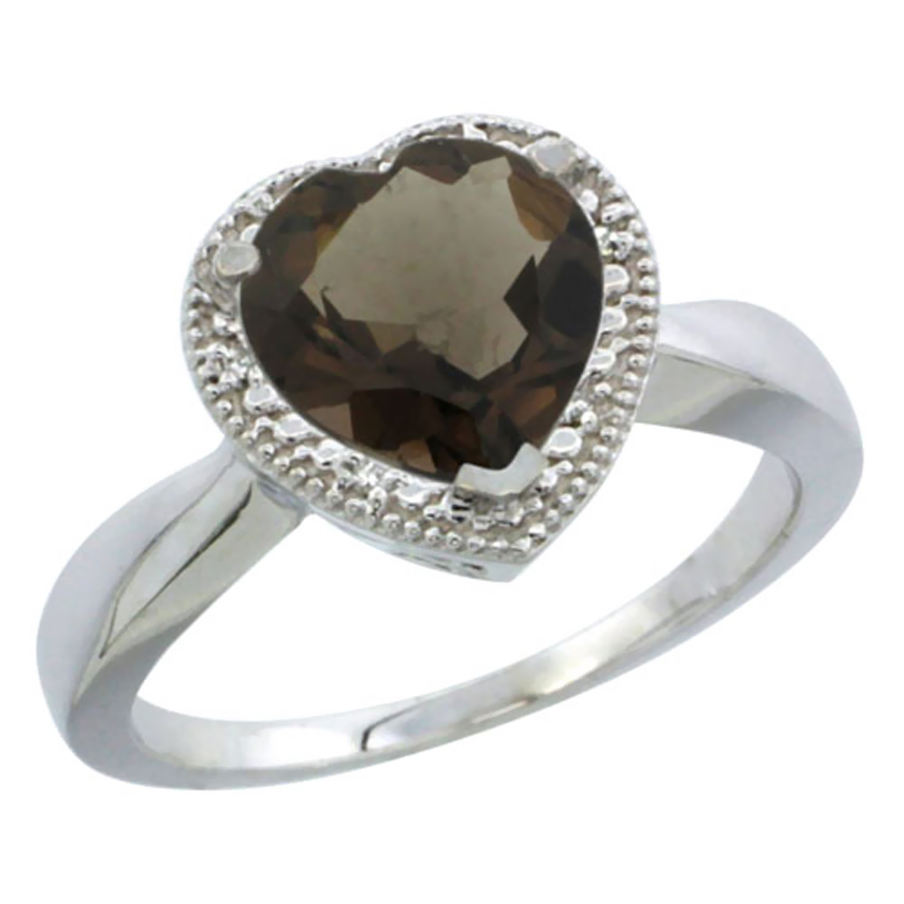 14K White Gold Natural Smoky Topaz Ring Heart 8x8mm Diamond Accent, sizes 5-10