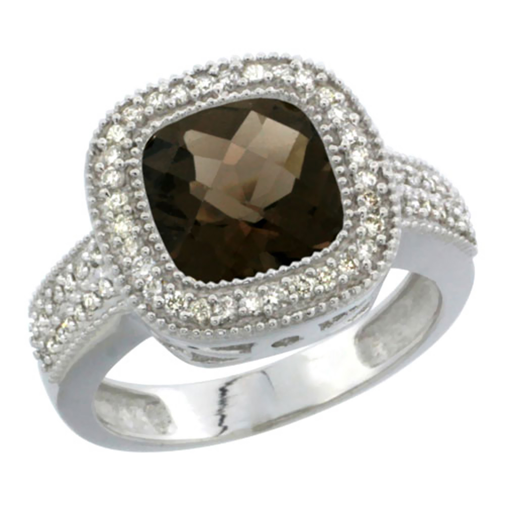 14K White Gold Natural Smoky Topaz Ring Cushion-cut 9x9mm Diamond Accent, sizes 5-10
