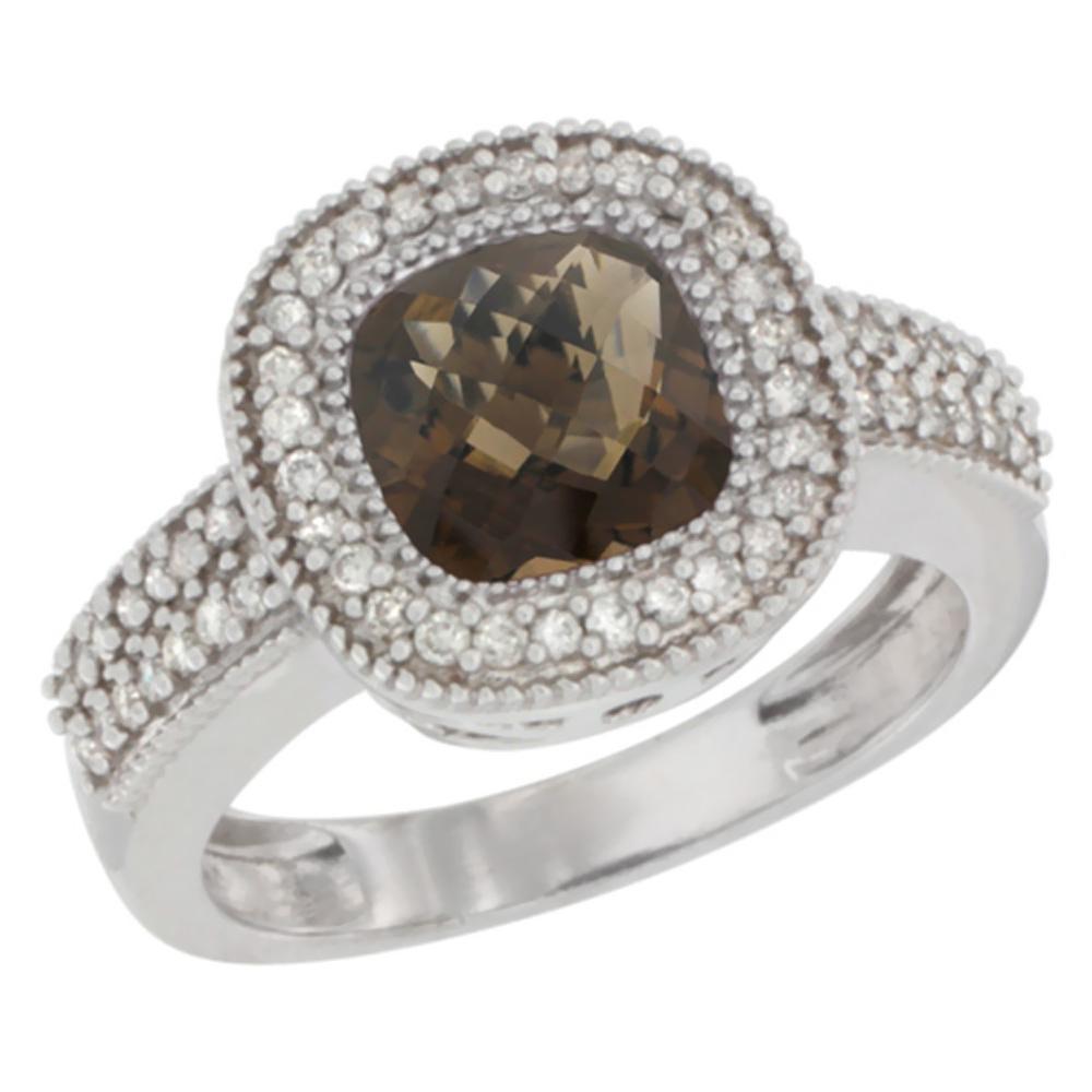 14K White Gold Natural Smoky Topaz Ring Cushion-cut 7x7mm Diamond Accent, sizes 5-10