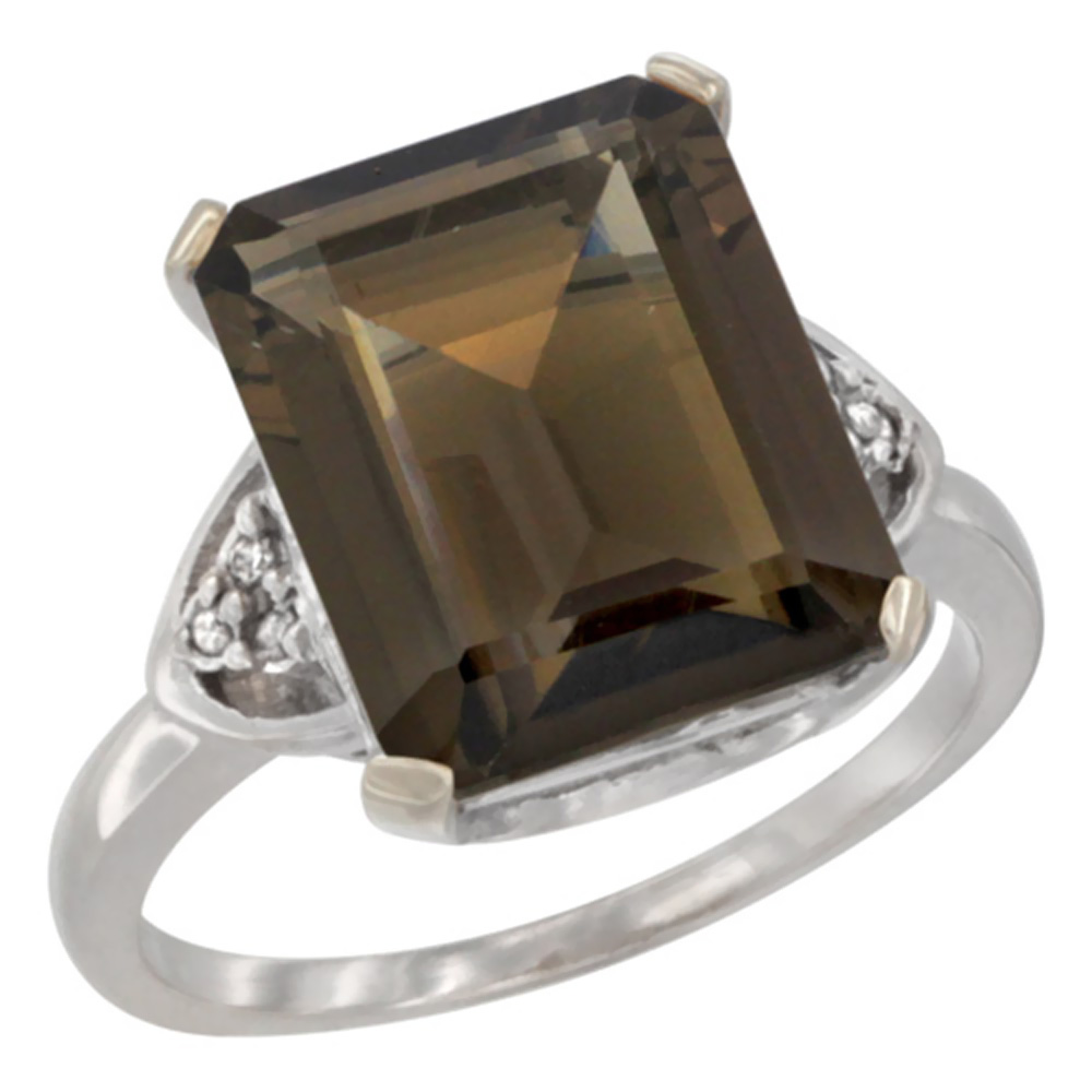14K White Gold Diamond Natural Smoky Topaz Ring Octagon 12x10 mm, sizes 5-10