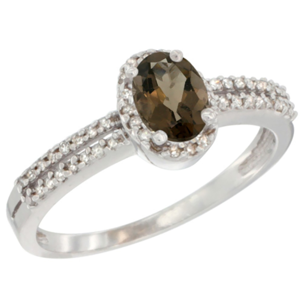 14K White Gold Natural Smoky Topaz Ring Oval 6x4mm Diamond Accent, sizes 5-10