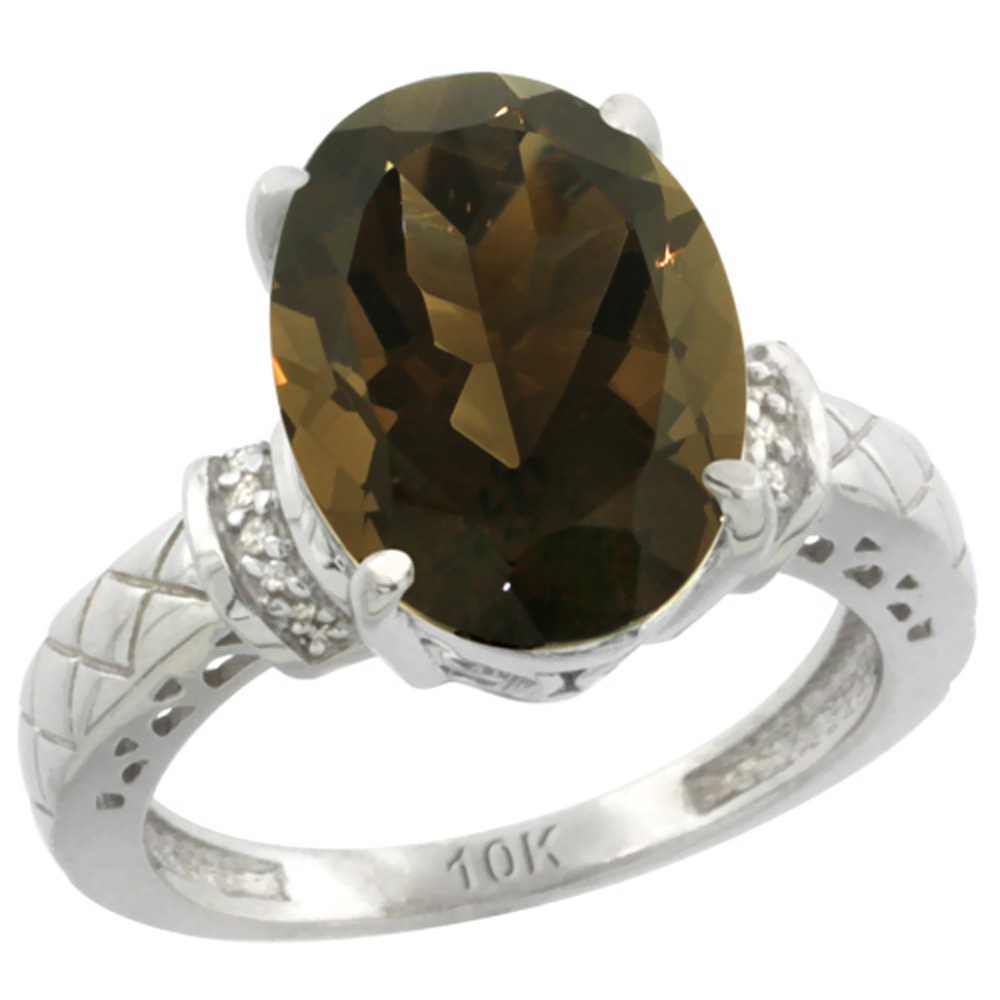 14K White Gold Diamond Natural Smoky Topaz Ring Oval 14x10mm, sizes 5-10