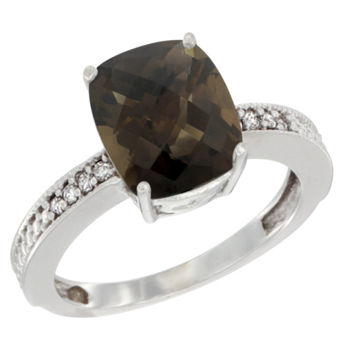 14K White Gold Diamond Cushion 10x8 mm Natural Smoky Topaz Stone Ring, sizes 5 - 10