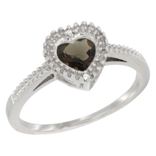 14K White Gold Natural Smoky Topaz Ring Heart 6x6 mm, sizes 5 - 10