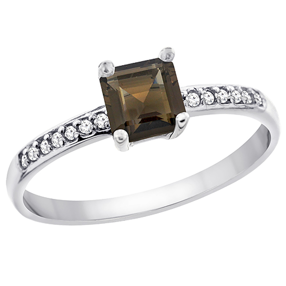 14K White Gold Natural Smoky Topaz Ring Octagon 7x5 mm Diamond Accents