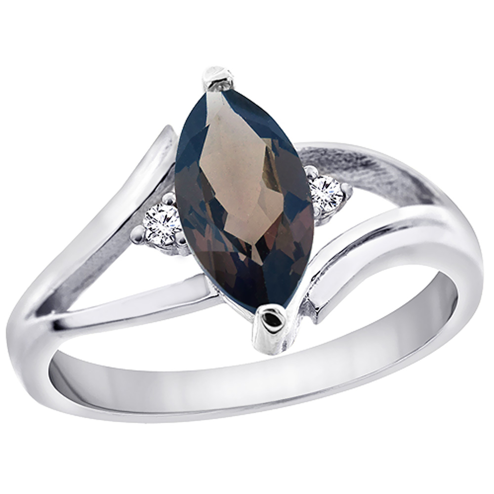 14K White Gold Natural Smoky Topaz Ring Marquise 10x5mm Diamond Accent, sizes 5 - 10 with half sizes