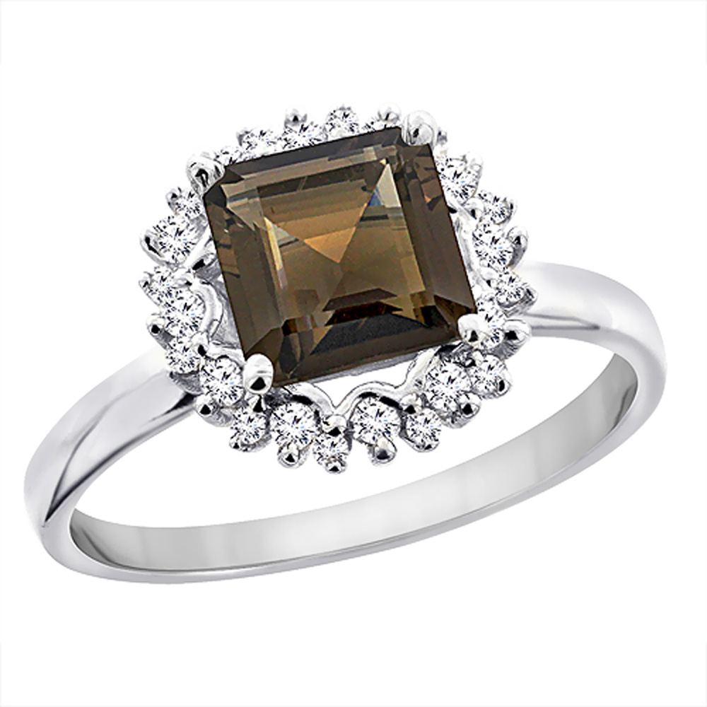 14K White Gold Natural Smoky Topaz Ring Square 6x6 mm Diamond Accents, sizes 5 - 10