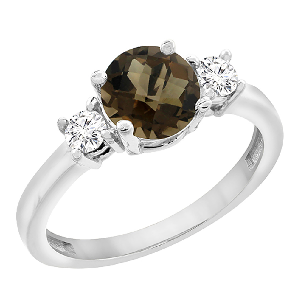 14K White Gold Diamond Natural Smoky Topaz Engagement Ring Round 7mm, sizes 5 to 10 with half sizes