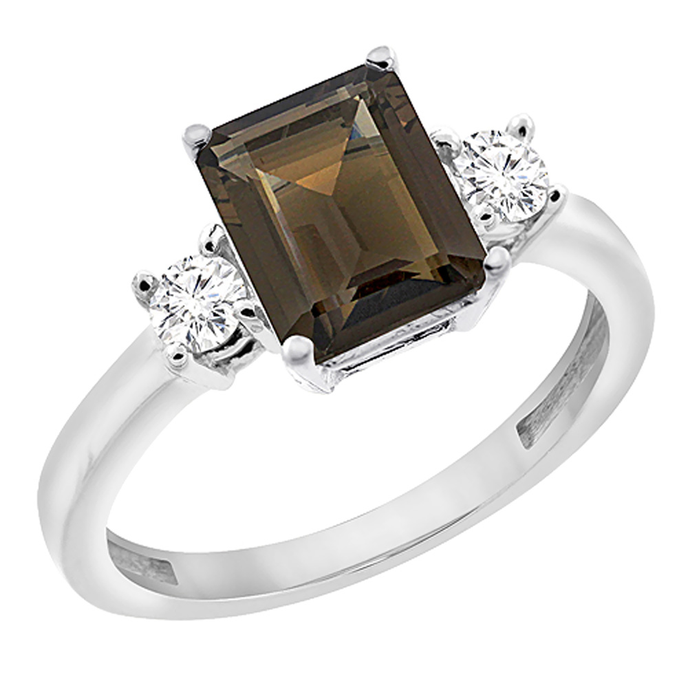 14K White Gold Natural Smoky Topaz Ring Octagon 8x6 mm with Diamond Accents, sizes 5 - 10