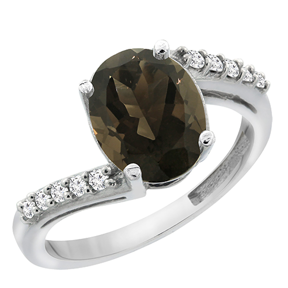 14K White Gold Diamond Natural Smoky Topaz Engagement Ring Oval 10x8mm, sizes 5-10
