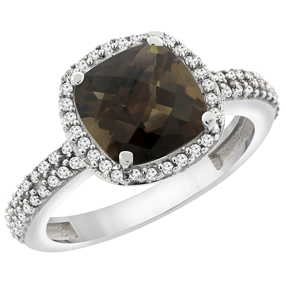 14K White Gold Natural Smoky Topaz Cushion 8x8 mm with Diamond Accents, sizes 5 - 10