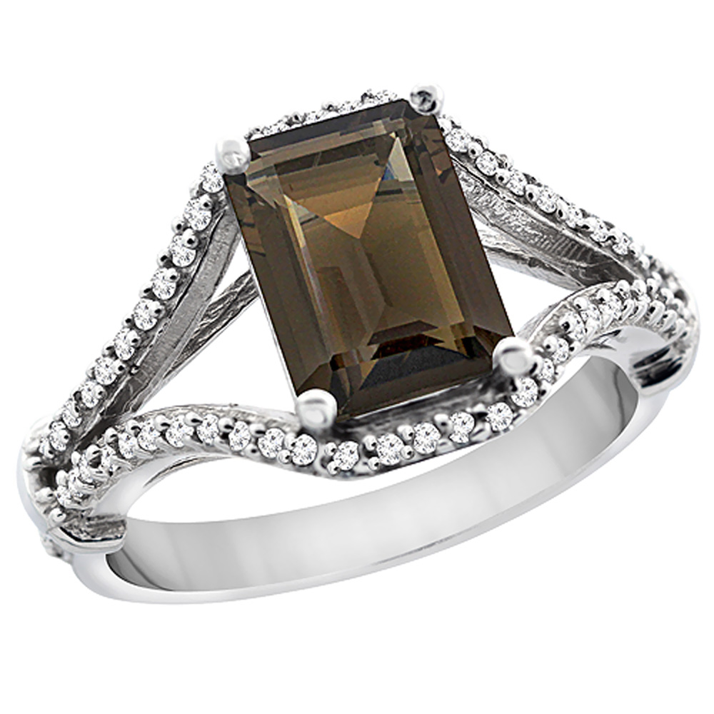 14K White Gold Natural Smoky Topaz Ring Octagon 8x6 mm with Diamond Accents, sizes 5 - 10